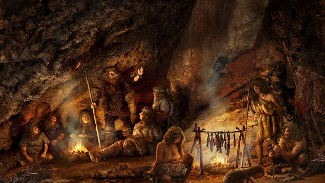 Recreación virtual de neandertales en torno al fuego en la Cueva del Humo.