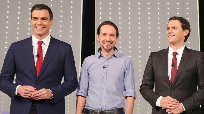 Sánchez, Iglesias y Rivera, antes de un debate televisivo.