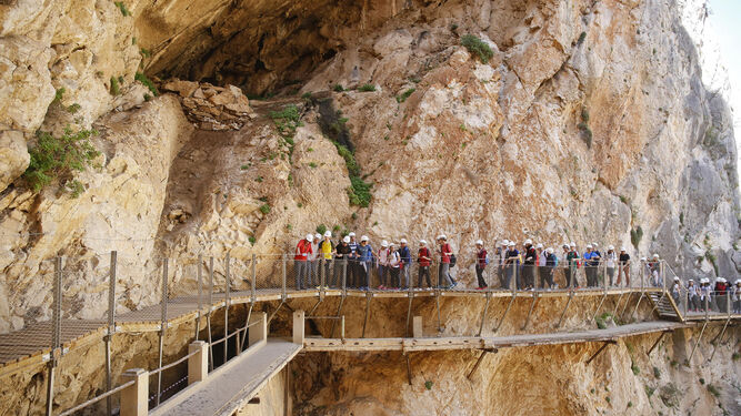 Varios turistas caminan por una de las pasarelas del Caminito del Rey.