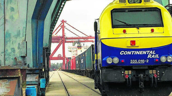 El tren de mercancías en la terminal portuaria de contenedores.