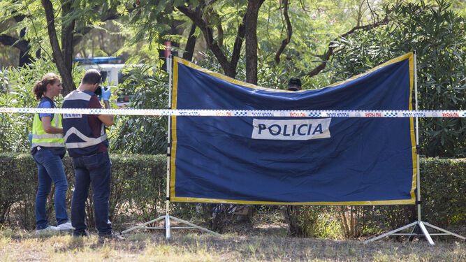 Los investigadores en el Parque Amate tras hallarse el cadaver de la prostituta calcinada en julio
