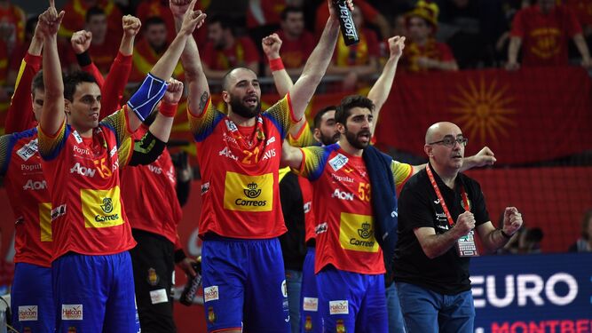 Los jugadores y técnicos del banquillo celebran uno de los goles de España en su duelo ante Macedonia.