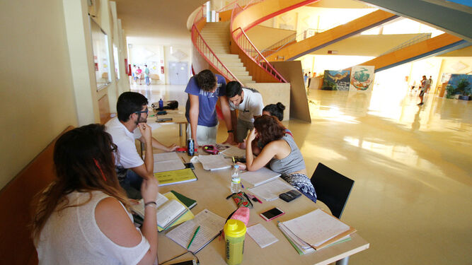 Varios universitarios estudian en la biblioteca de la UHU.