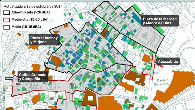 Infografía de las zonas que el Ayuntamiento pretende delimitadas como acústicamente saturadas.