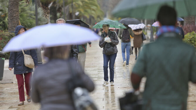 Varias personas se refugian de la lluvia este jueves en el Paseo del Parque.