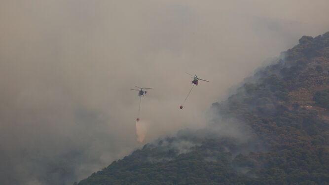 Dos helicópteros del Infoca sobrevuelan una de las zonas en llamas.