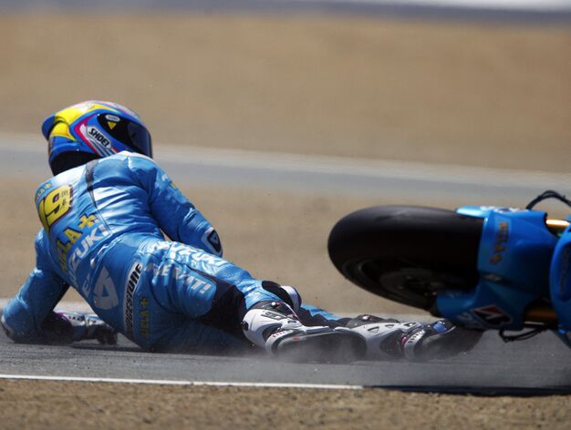 El piloto de Suzuki MotoGP &Aacute;lvaro Bautista en el momento de la ca&iacute;da en el Gran Premio de Laguna Seca.

Foto: DAVID ROYAL.