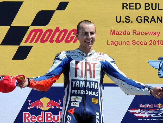 Jorge Lorenzo celebrando su podio en Laguna Seca. 

Foto: DAVID ROYAL.