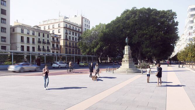 Imagen tras la reurbanización del lateral norte de la Alameda, con el traslado del Marqués de Larios.