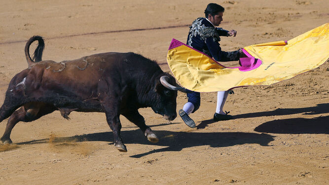 Rivera Ordóñez recibe a su primer toro con el capote, ayer, en la Maestranza de Ronda.