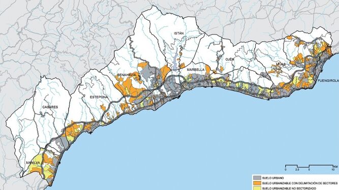 Mapa de los suelos urbanos y urbanizables programados en los municipios de la Costa del Sol.