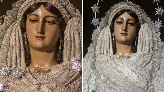 La Virgen del Rocío con y sin las joyas.