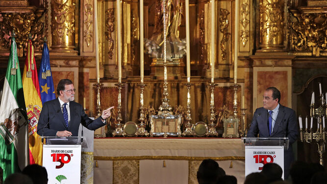 El presidente del Gobierno, Mariano Rajoy, ayer durante el coloquio moderado por el director de 'Diario de Cádiz', David Fernández.