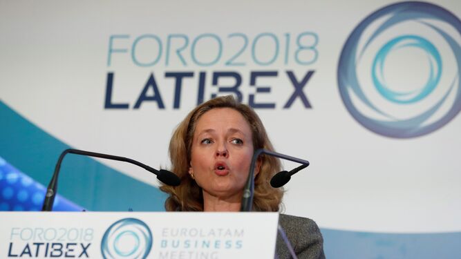 La ministra de Economía, Nadia Calviño, durante su intervención en la inauguración del Foro Latibex en el Palacio de la Bolsa de Madrid el jueves.