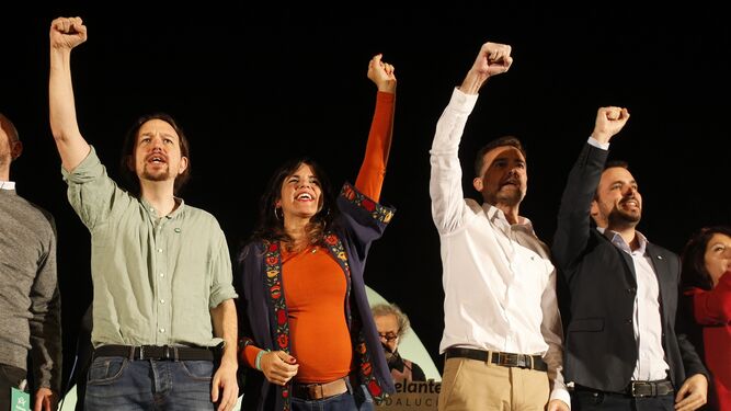 Pablo Iglesias, Teresa Rodríguez, Antonio Maíllo y Alberto Garzón, en el mitin de Adelante Andalucía en FIibes.