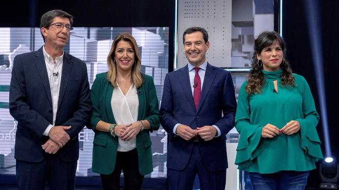 Los candidatos a la Presidencia de la Junta por los cuatro principales partidos, el pasado 19 de noviembre durante el debate en Canal Sur Televisión.