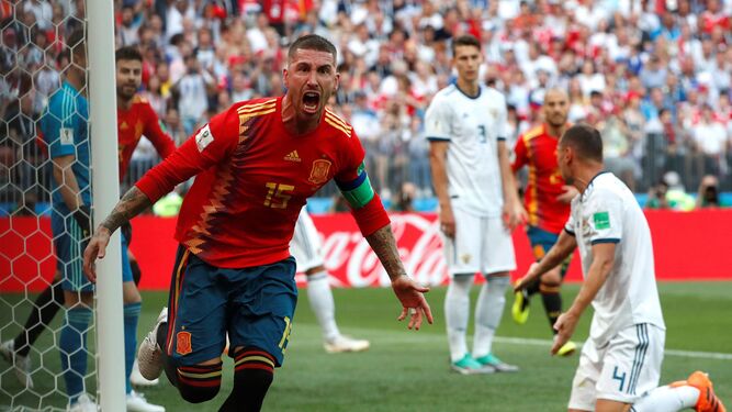 Ramos celebra el 1-0 en el España-Rusia de octavos del Mundial el 1 de julio.