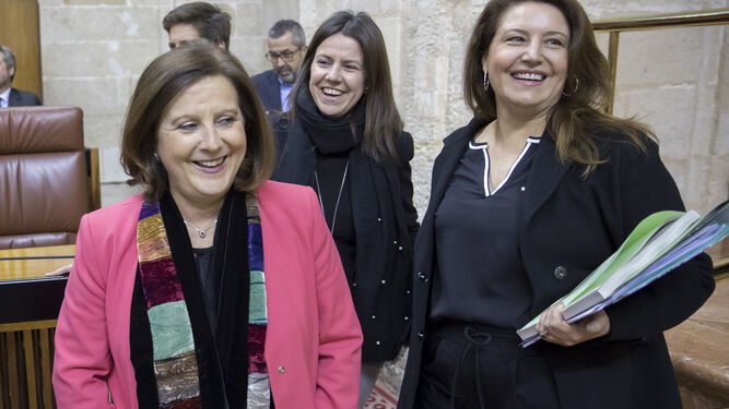 La ex consejera de Igualdad María José Sánchez Rubio, en el Parlamento junto a la consejera de Agricultura, Carmen Crespo.