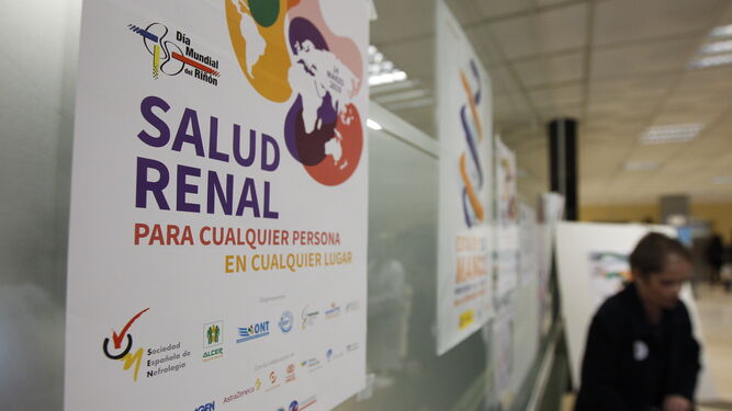 Un cartel indica el Día Mundial del Riñón en el hospital Torrecárdenas de Almería.