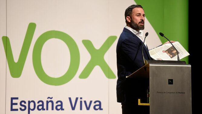 El presidente de Vox, Santiago Abascal, en un acto en Huesca.