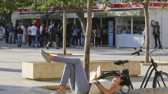 Una lectora en la Feria del Libro de Málaga, el año pasado, en la Plaza de la Merced.