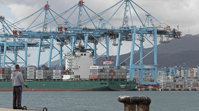 Imagen de un barco portacontenedores atracado en el puerto de Málaga.