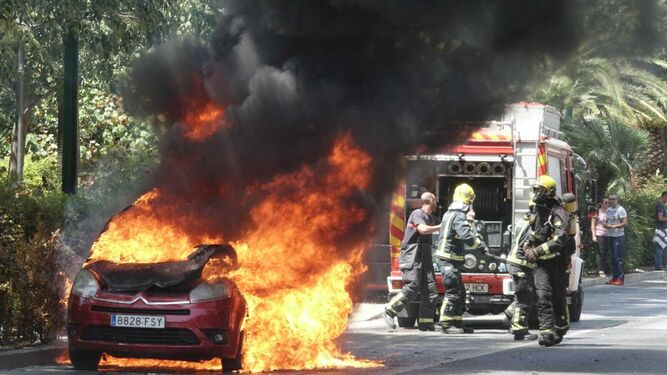 Un coche en llamas en el Paseo del Parque.