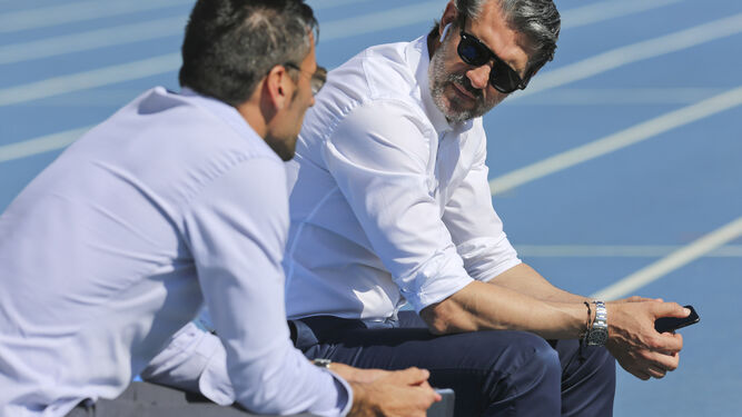 Caminero y Juan Rodríguez, en un entrenamiento del Málaga CF.