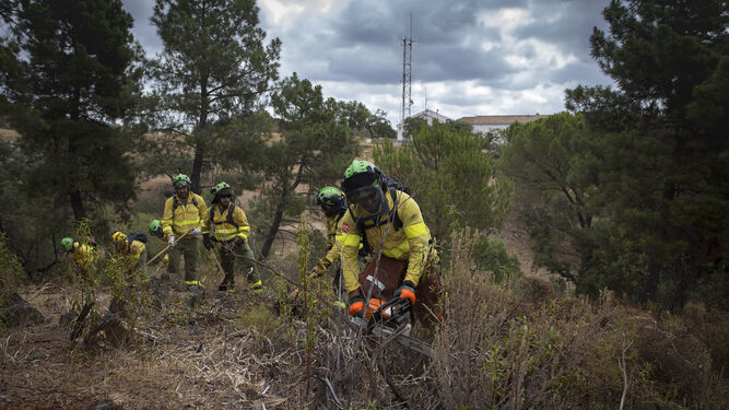 Bomberos del Plan Infoca durante un ejercicio contra incendios en la base Brica de Madroñalejo, en Aznalcóllar
