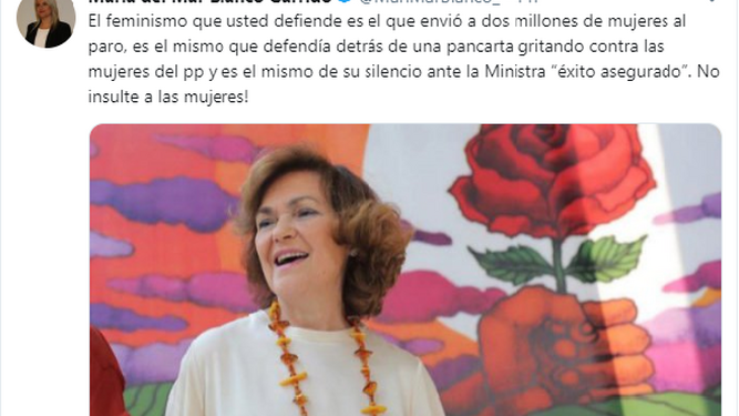 Tuit de María del Mar Blanco contra Carmen Calvo y su vinculación del feminismo con el socialismo.