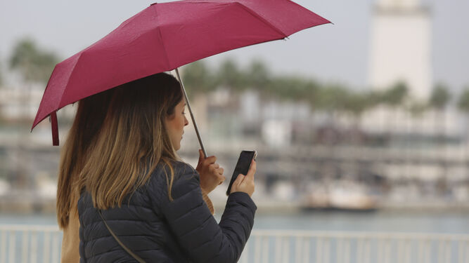 Dos mujeres con paraguas bajo la lluvia, este miércoles en Málaga capital.