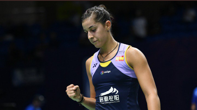 Carolina Marín celebra un punto logrado en un torneo reciente.