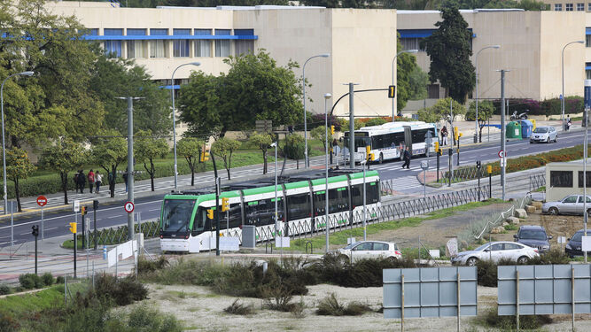 Imagen de un tren del Metro de Málaga y un autobús de la EMT, en el campus de la Universidad.