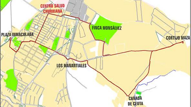 Trayecto de la nueva Línea Circular C8 en Churriana.