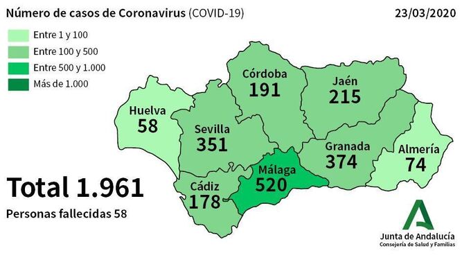 Mapa por provincias de los contagiados por coronavirus en Andalucía