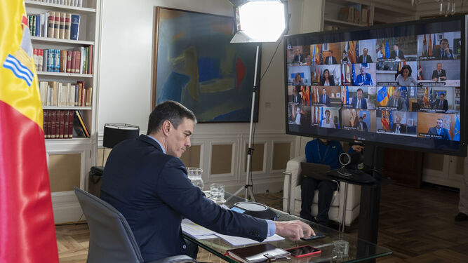 El presidente del Gobierno, Pedro Sánchez, durante la videoconferencia con los presidentes autonómicos este domingo desde la Moncloa.