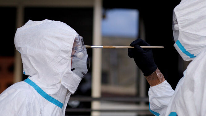 Miembros de la compañía NBQ de la Brigada Canarias XVI, en tareas de desinfección en un centro de salud de Santa Cruz de Tenerife.