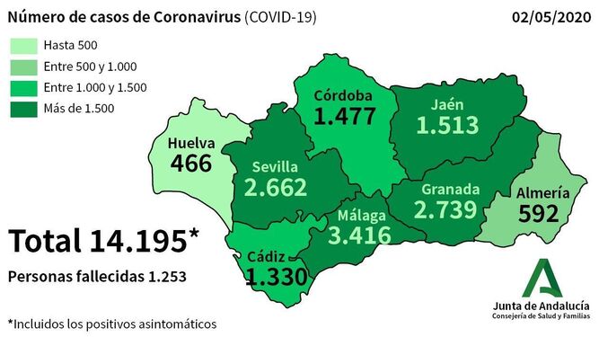 Mapa de los casos positivos registrados en Andalucía.
