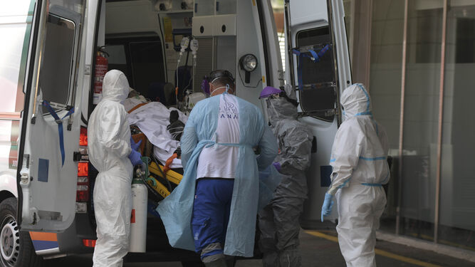 Profesionales sanitarios trasladan a un paciente al Hospital Virgen de las Nieves de Granada