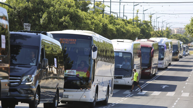 Una hilera de autobuses en su protesta este viernes en Málaga capital.