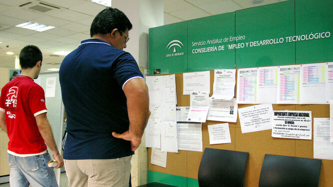 Dos jóvenes observan un tablón de anuncios en una oficina de empleo.