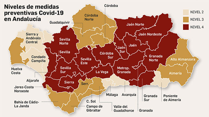 Niveles de alerta y medidas frente al Covid-19 por distritos sanitarios de Andalucía