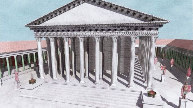 Recreación virtual del antiguo templo de Trajano en Itálica.