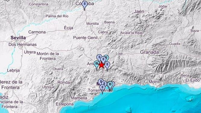 Epicentro del terremoto en la provincia de Málaga y lugares en los que se ha sentido.
