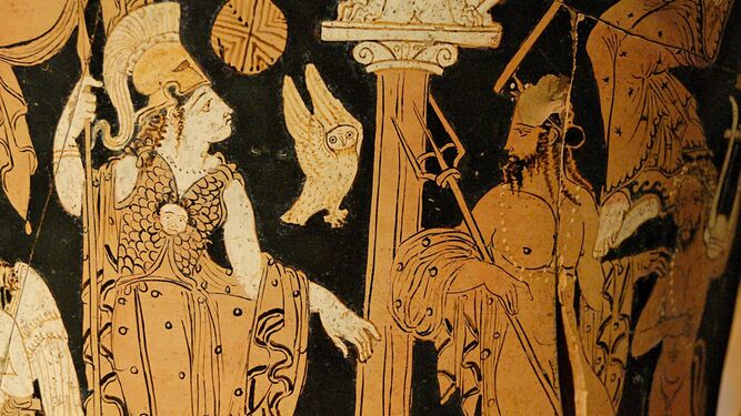 Atenea y Poseidón en una cratera del siglo IV a.C. (Museo del Louvre).