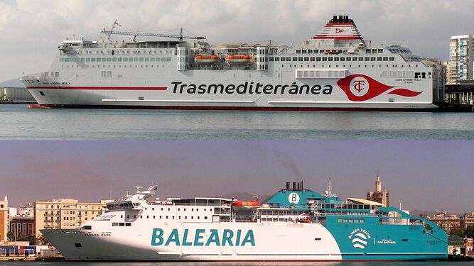 Ferris de Trasmediterránea y Baleària que en la actualidad cubren la ruta entre Málaga y Melilla.