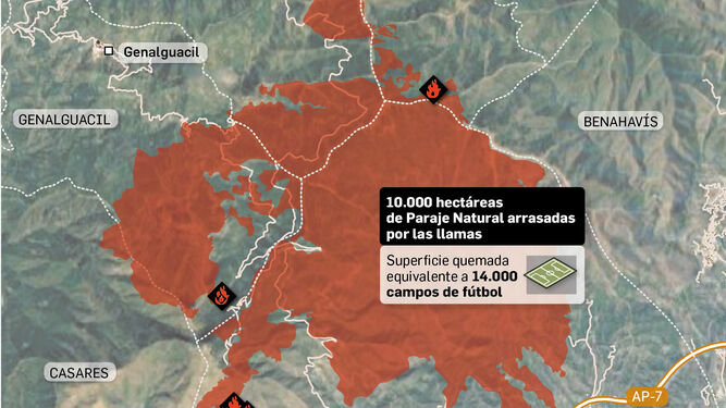 Mapa del área de Sierra Bermeja afectada por el incendio.