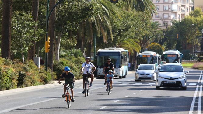 Ciclistas y transporte público por una calzada de Málaga.