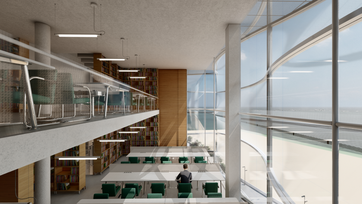 The library is projected as a viewpoint to the sea.