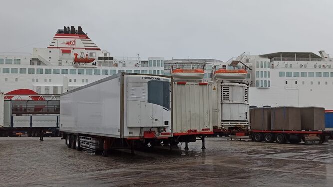 Camiones y plataformas de mercancías junto al Melillero este lunes en el puerto de Málaga.